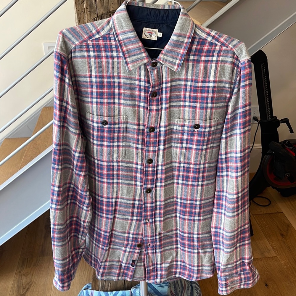 Faherty Flannel Button Down Shirt. XL. Grey / Blue / Red.